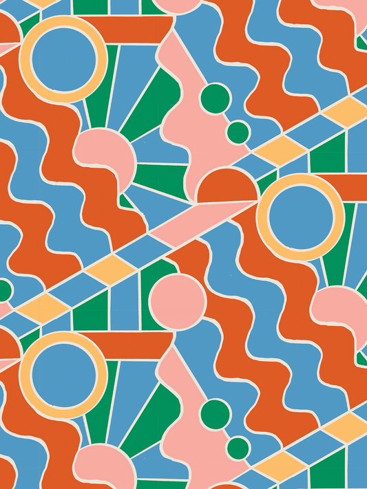 Day Trippin' Wallpaper blue green brick red with orange wavy bands and circles on Tampa Home & Garden Store