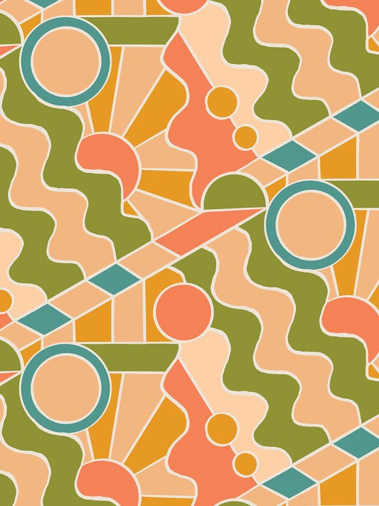 Day Trippin' Wallpaper olive green, peach and blue abstract pattern by Samantha Santana Creative on Tampa Home & Garden Store