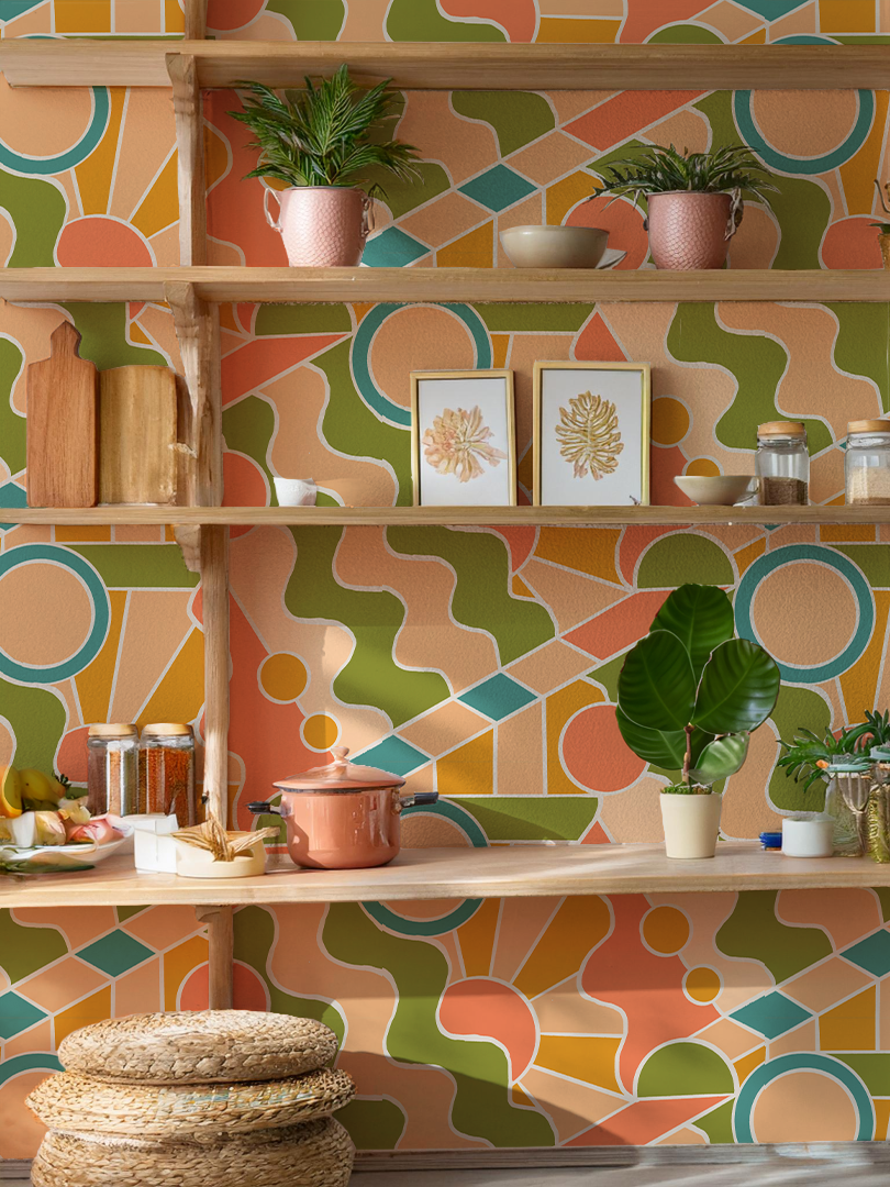 Day Trippin' Wallpaper, olive green, peach, coral and blue - Tampa Home & Garden Store