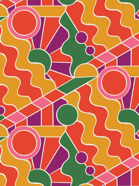 Day Trippin' Wallpaper Purple Red Yellow and Green pattern with pink rings and bold shapes on Tampa Home & Garden Store