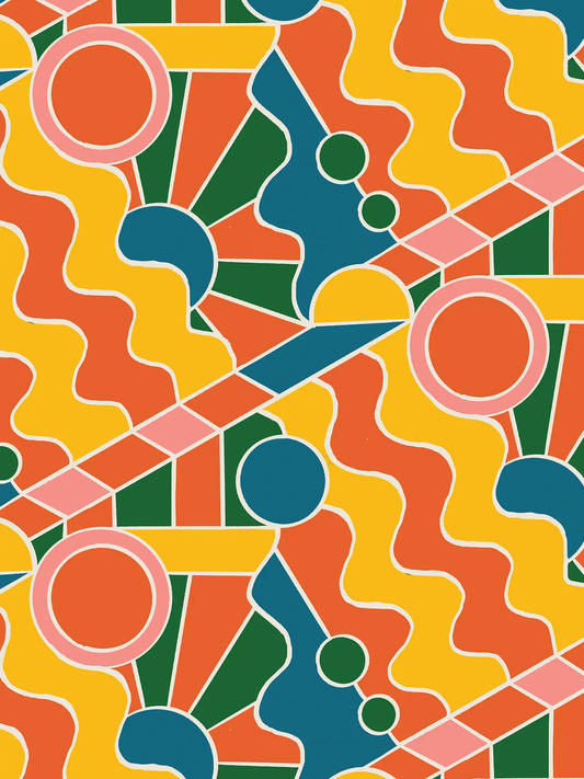 Wallpaper Day Trippin' yellow orange pink green geometric pattern with circles and waves on Tampa Home & Garden Store