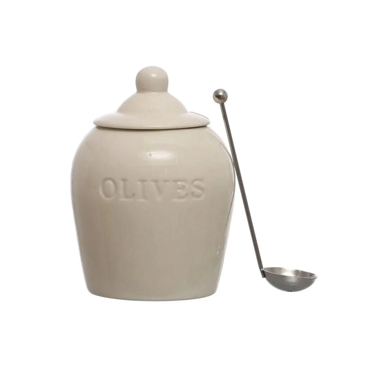 Debossed Stoneware Olive Jars with Slotted Spoon β Set of 2 - Tampa Home & Garden Store