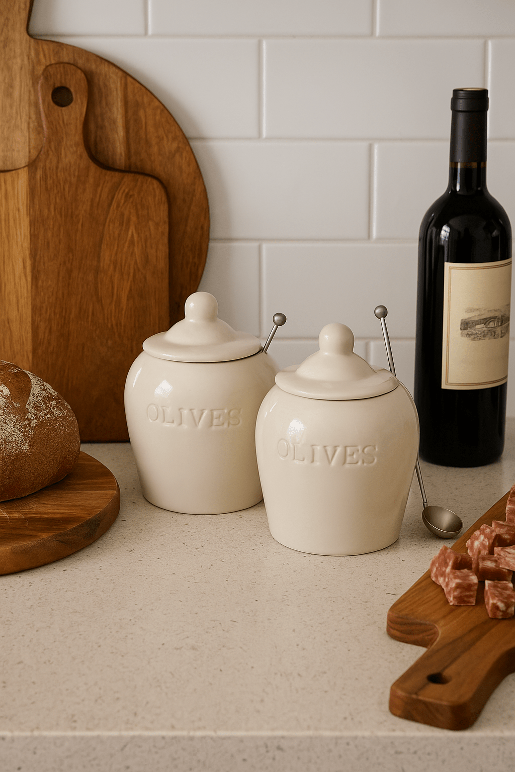 Debossed Stoneware Olive Jars with Slotted Spoon – Set of 2 - Tampa Home & Garden Store