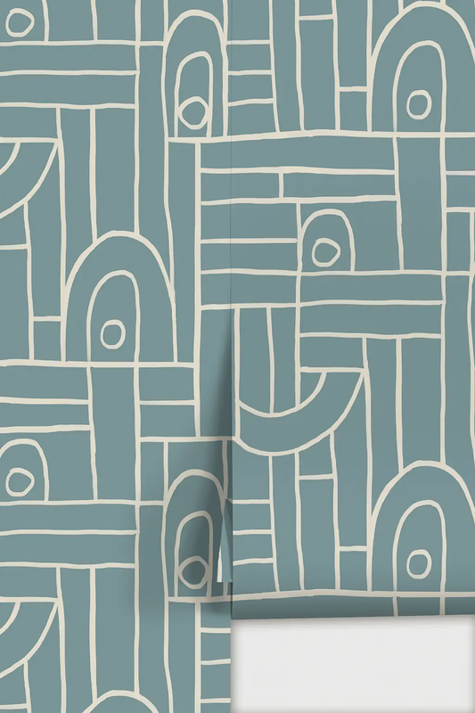 Deco Tile Wallpaper dusty blue and white geometric tile motif on Tampa Home & Garden Store