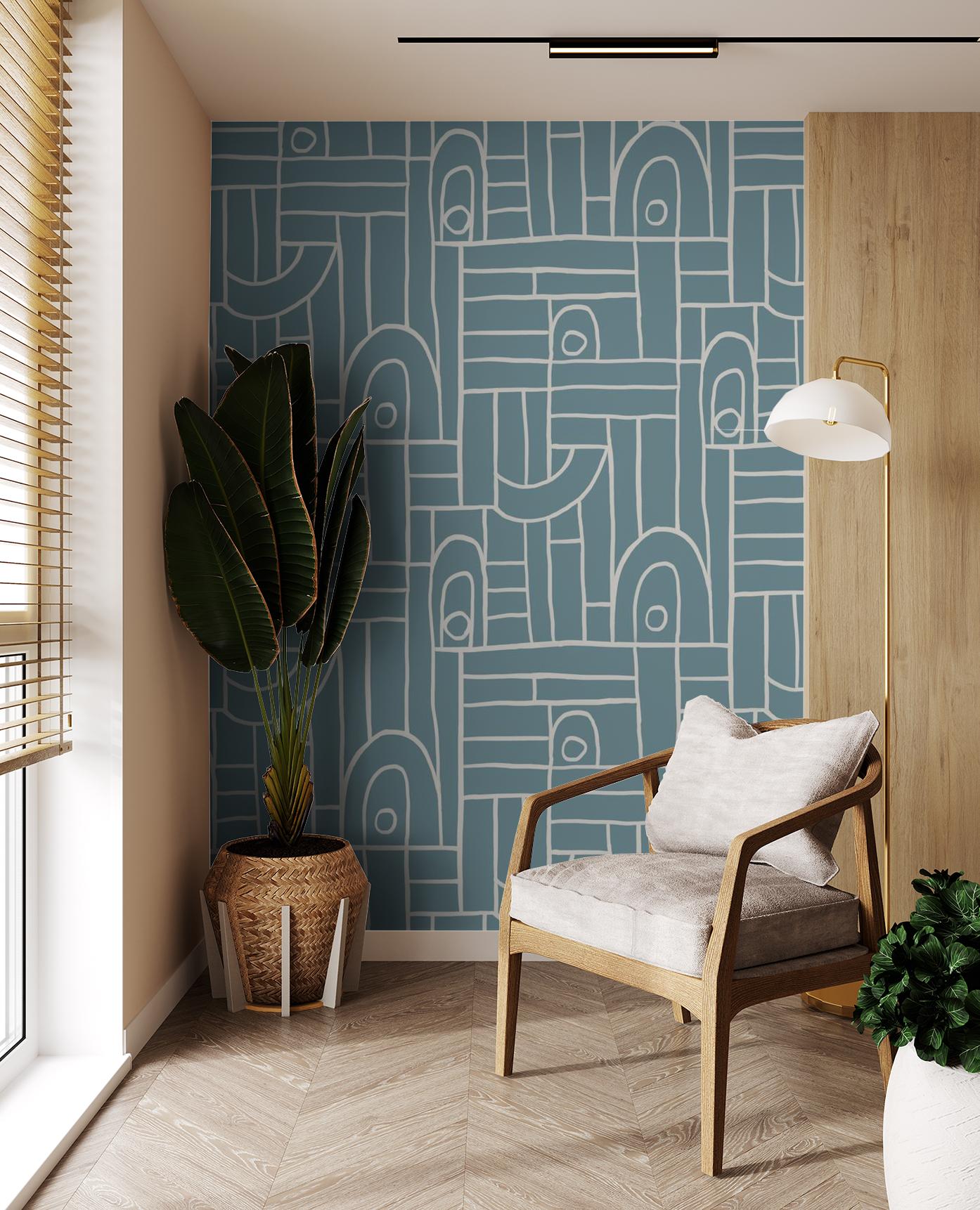Deco Tile Wallpaper, dusty blue and white - Tampa Home & Garden Store