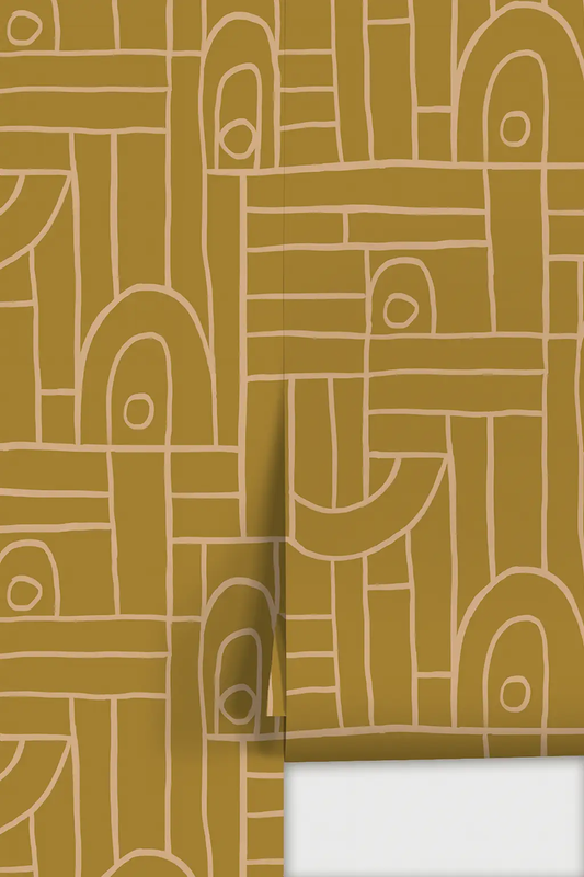 Deco Tile Wallpaper in Mustard and Peach, tile pattern by Samantha Santana Creative on Tampa Home & Garden Store