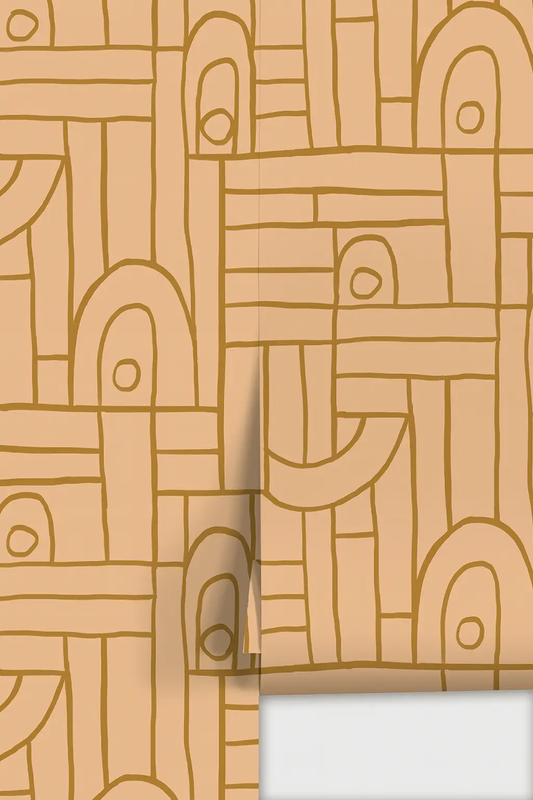 Deco Tile Wallpaper Peach and Mustard with geometric tile motif in warm peach and mustard tones on Tampa Home & Garden Store