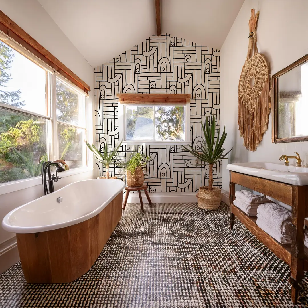 Deco Tile Wallpaper white and black, bold geometric tile pattern, Samantha Santana Creative on Tampa Home & Garden Store