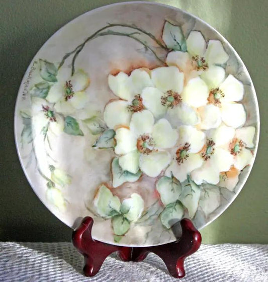 Decorative Buckmaster Bavaria porcelain plate with white blossoms and green leaves on Tampa Home & Garden Store