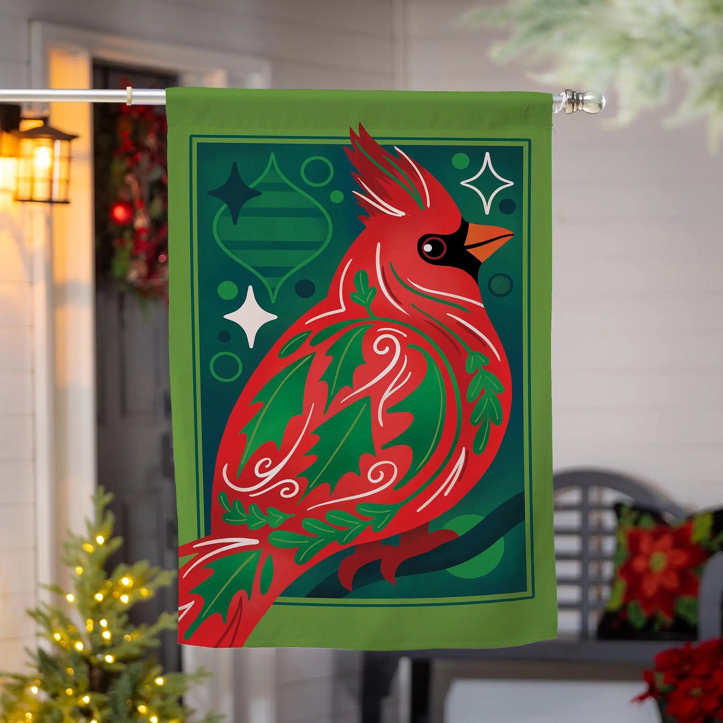 Decorated Cardinal Burlap House Flag Evergreen Enterprises with red cardinal on metal pole on Tampa Home & Garden Store