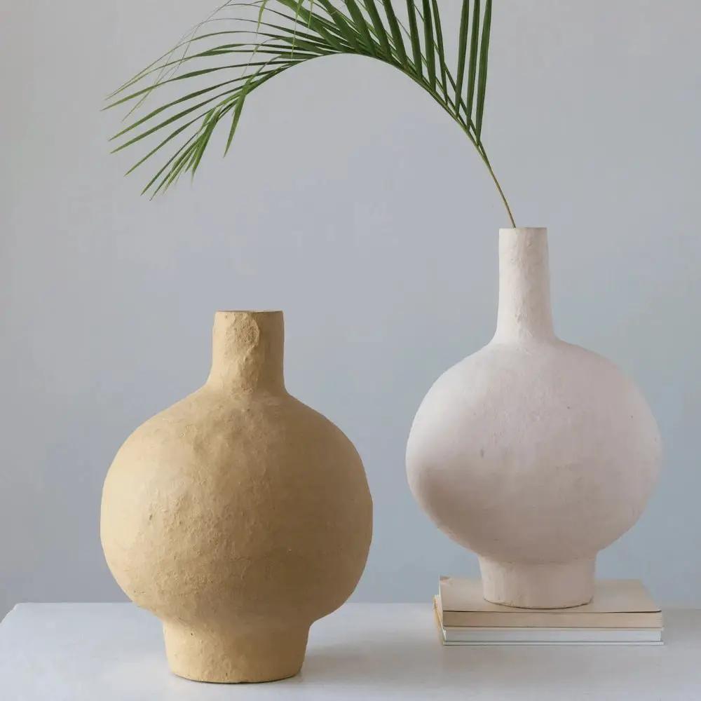 Decorative paper mache vases, beige and white, set of two with palm leaf accent on Tampa Home & Garden Store