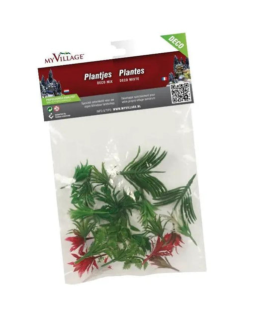 Decorative plastic plants set for a Christmas village, 24-piece green and red foliage on Tampa Home & Garden Store