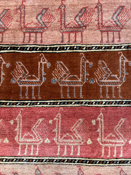 Bukhara Afghan Silk Rug hand knotted 1960s, pink with blue camel motifs, Rugistan on Tampa Home & Garden Store