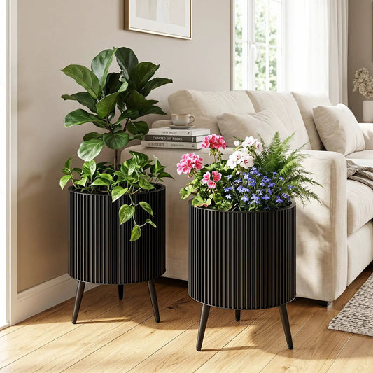 Fluted metal planter pots with stands set of 2 by DirectDeals, black ribbed planters with plants on Tampa Home & Garden Store
