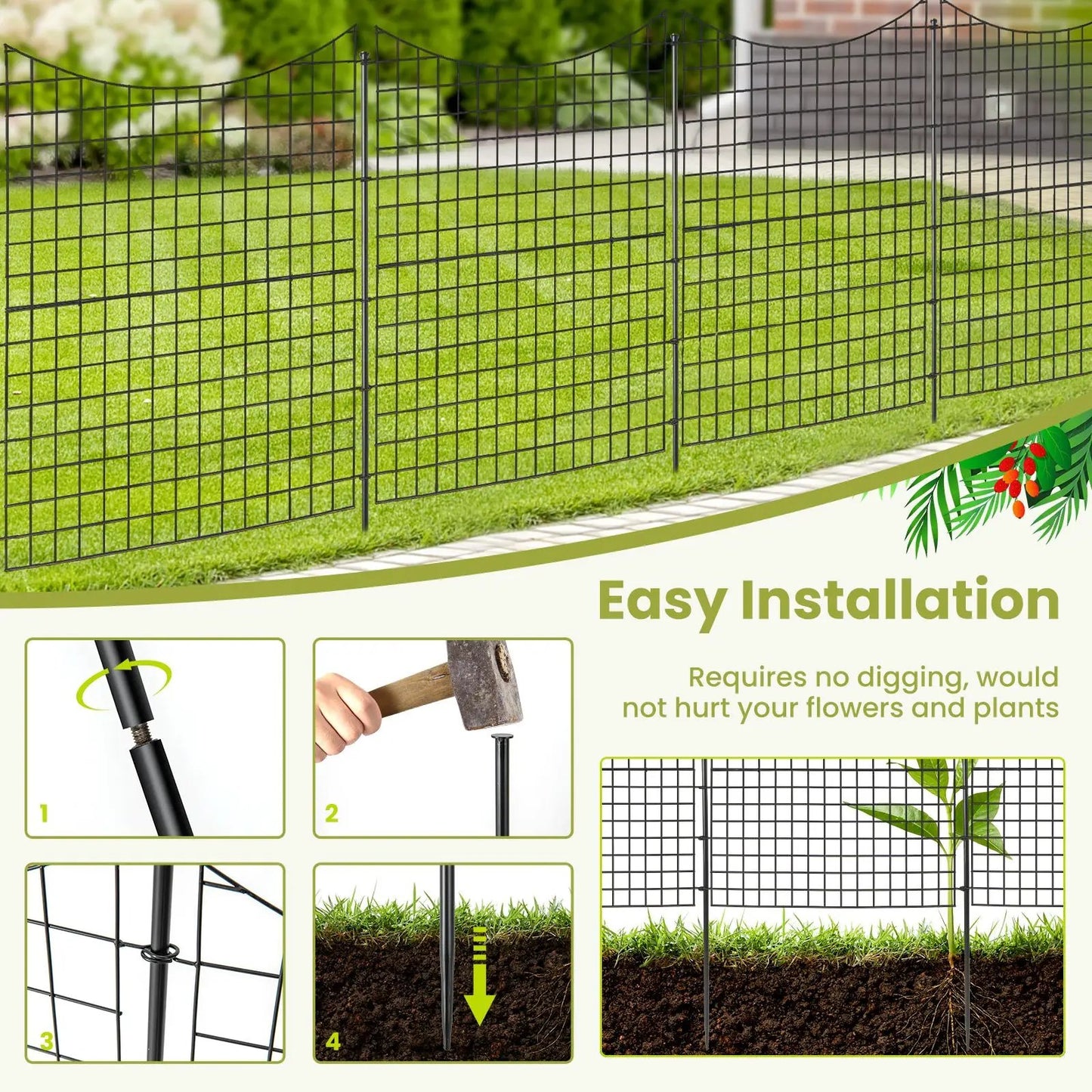 Decorative Garden Fence with 5 Panels and 5 Stakes-Black - Tampa Home & Garden Store