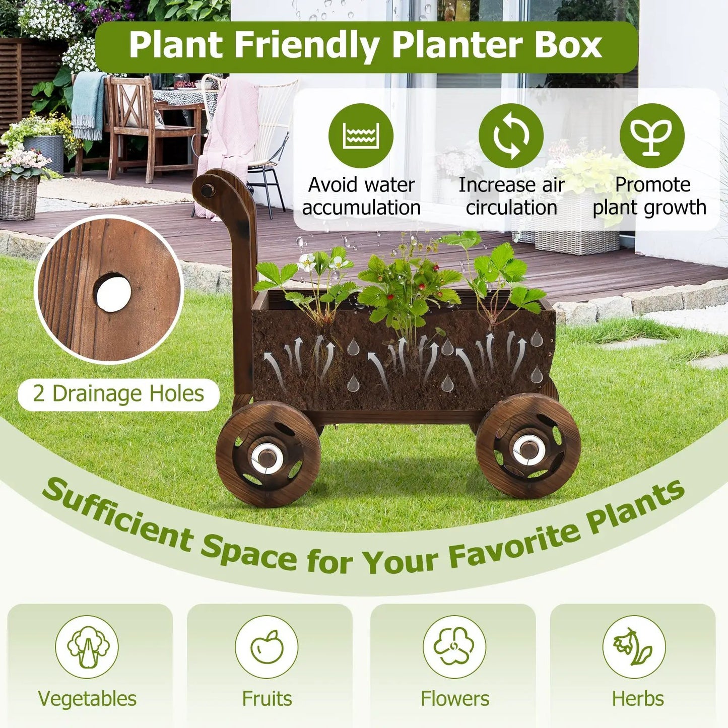 Decorative wooden wagon planter cart with drainage holes, rustic brown, DirectDeals on Tampa Home & Garden Store