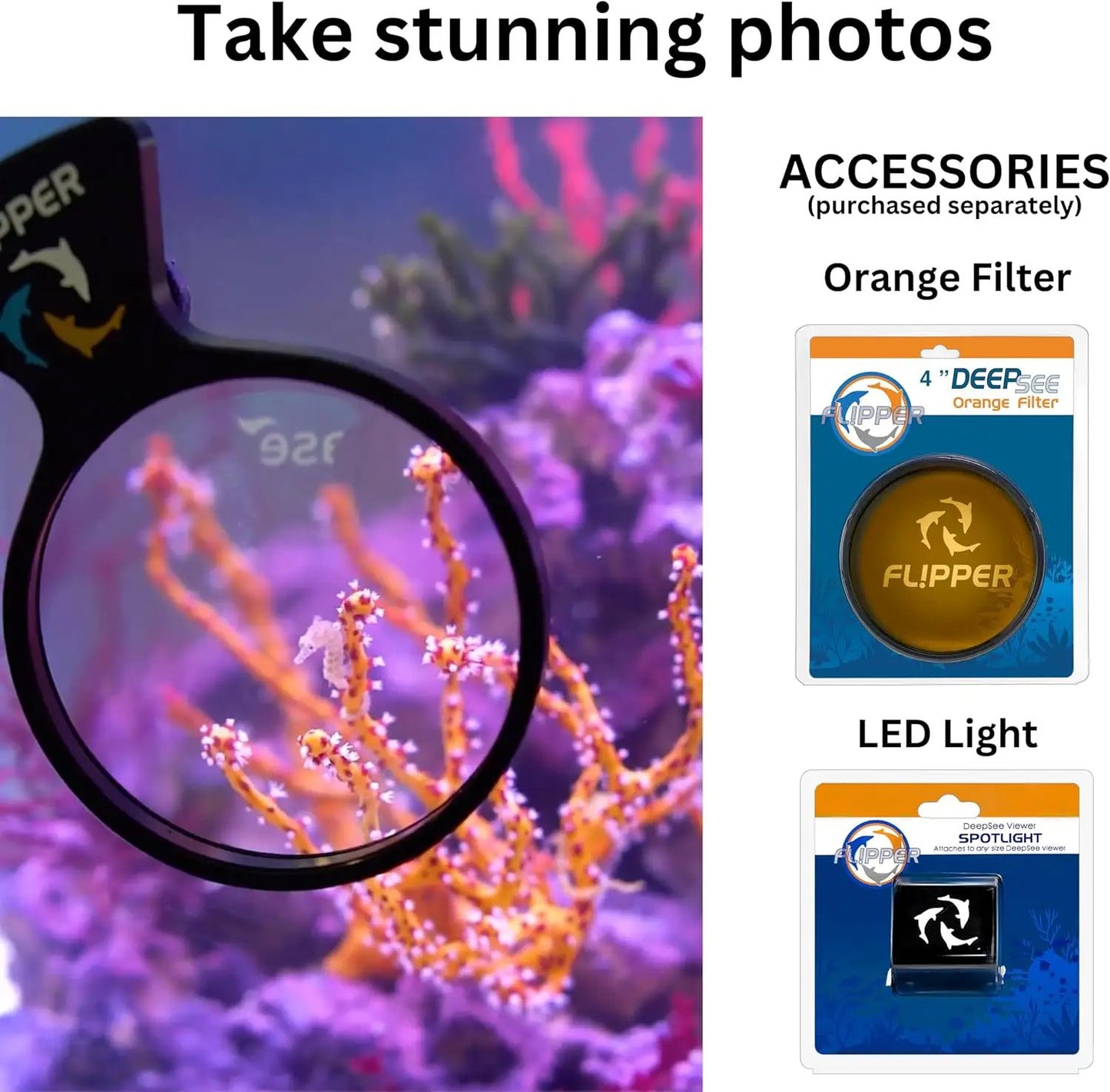 DeepSee Viewer Black Max 5 inch with orange filter in reef aquarium, Flipper packaging visible on Tampa Home & Garden Store