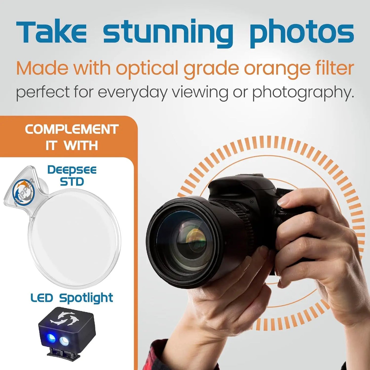 DeepSee Clear Viewer 4 Inch Orange Filter with DeepSee STD logo and photography gear on Tampa Home & Garden Store