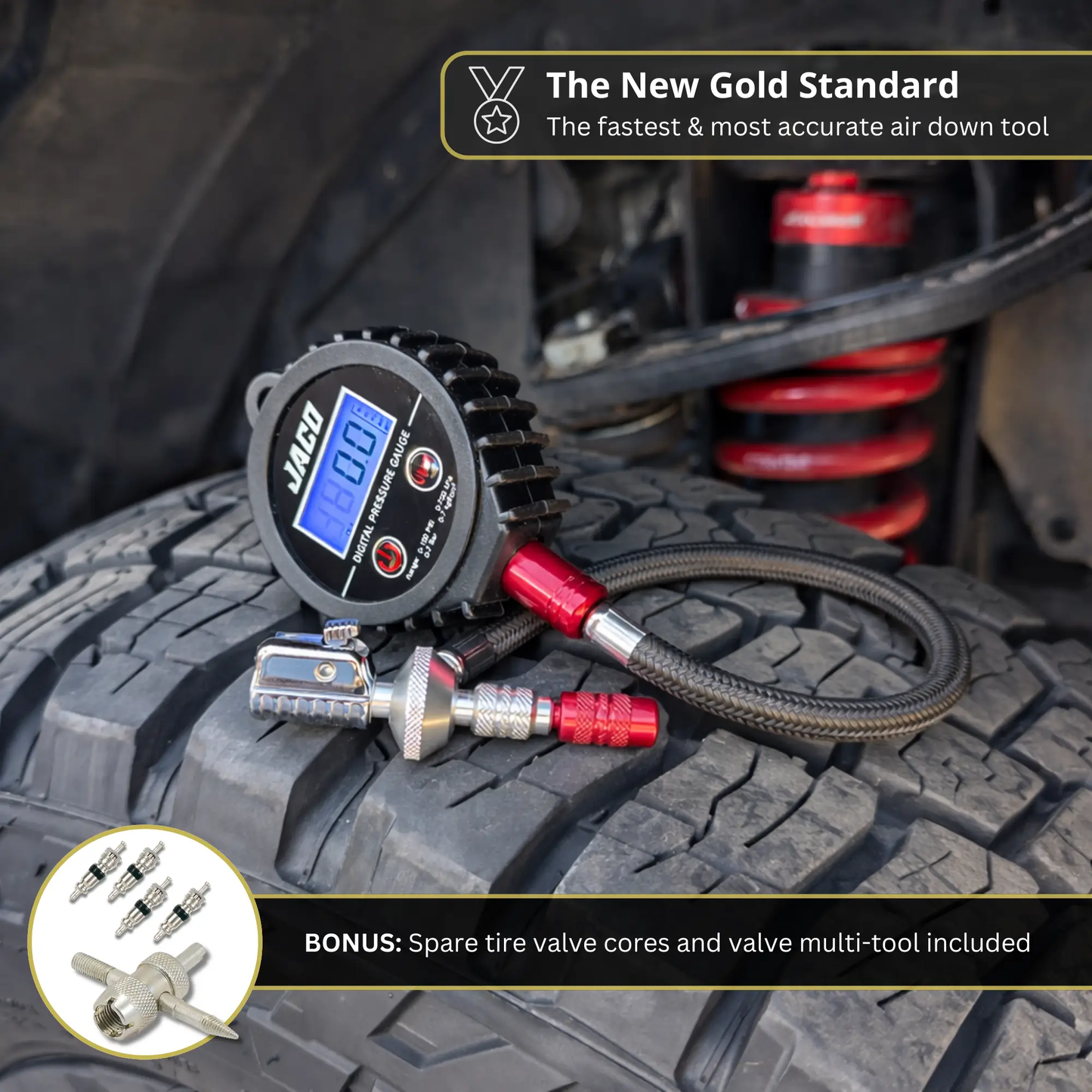 JACO Lightning RX4 Digital Tire Deflator with Gauge, black body and blue LCD display, quick-connect hose on Tampa Home & Garden Store