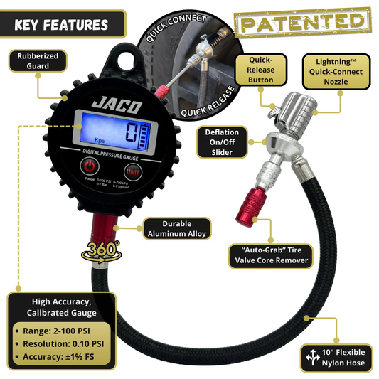 JACO Lightning Rx4 digital tire deflator with gauge, black gauge, blue LCD, quick-connect nozzle on Tampa Home & Garden Store