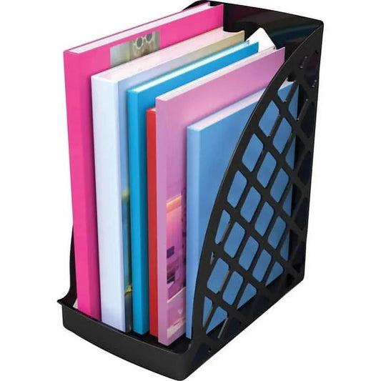 Magazine file organizer Deflecto black recycled plastic holds colorful notebooks on Tampa Home & Garden Store
