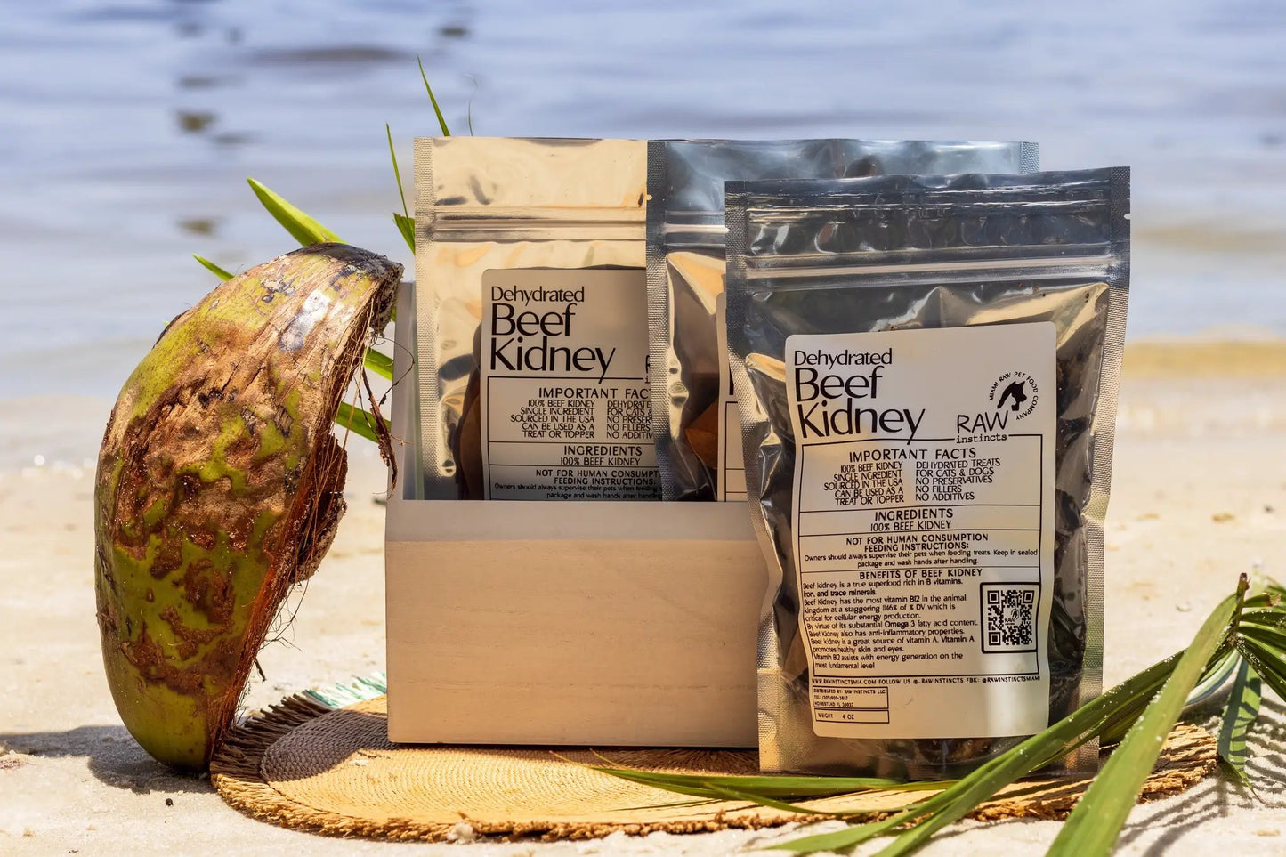 Dehydrated Beef Kidney treats for cats & dogs by Raw Instincts, silver resealable pouches on Tampa Home & Garden Store