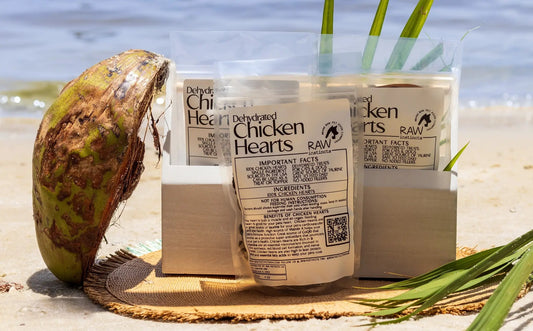 Dehydrated Chicken Hearts 4oz treat by Raw Instincts, 3 clear-packaged bags on a sunny beach on Tampa Home & Garden Store