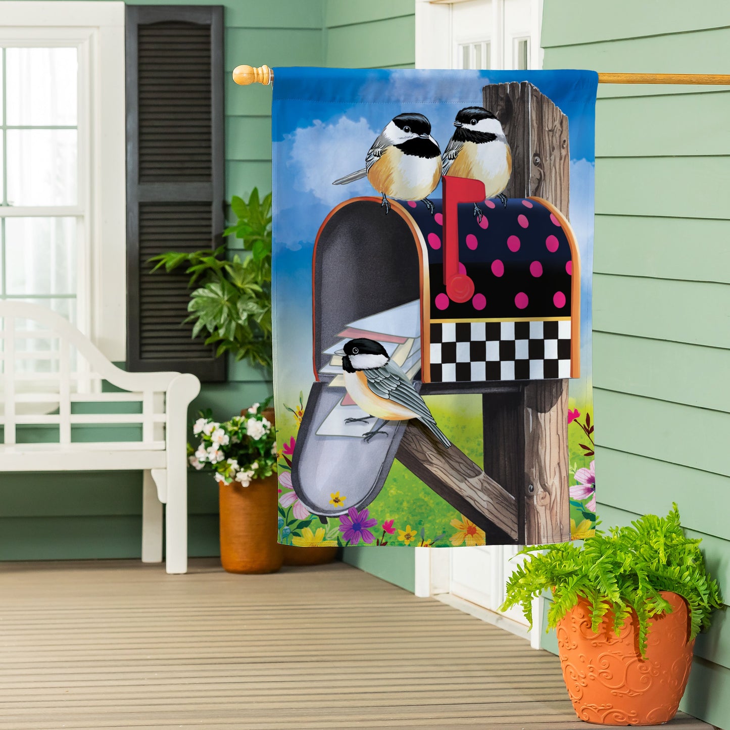 Delivery Chickadees Suede House Flag - Tampa Home & Garden Store