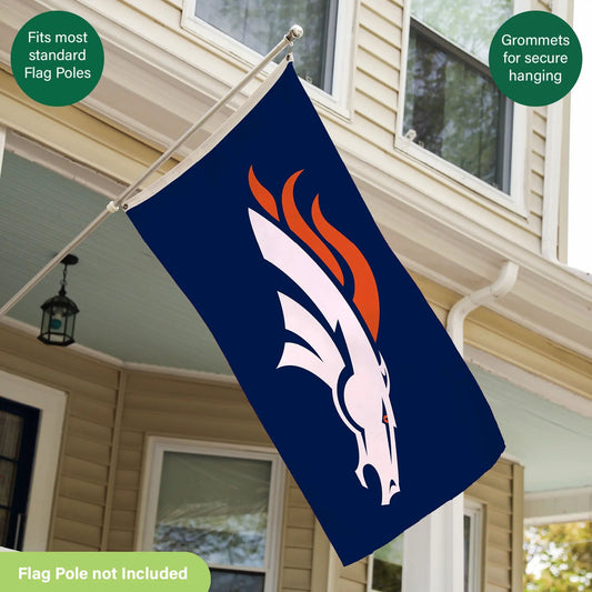 Denver Broncos blue sublimated flag 3x5 with 2 grommets on a metal flagpole on Tampa Home & Garden Store