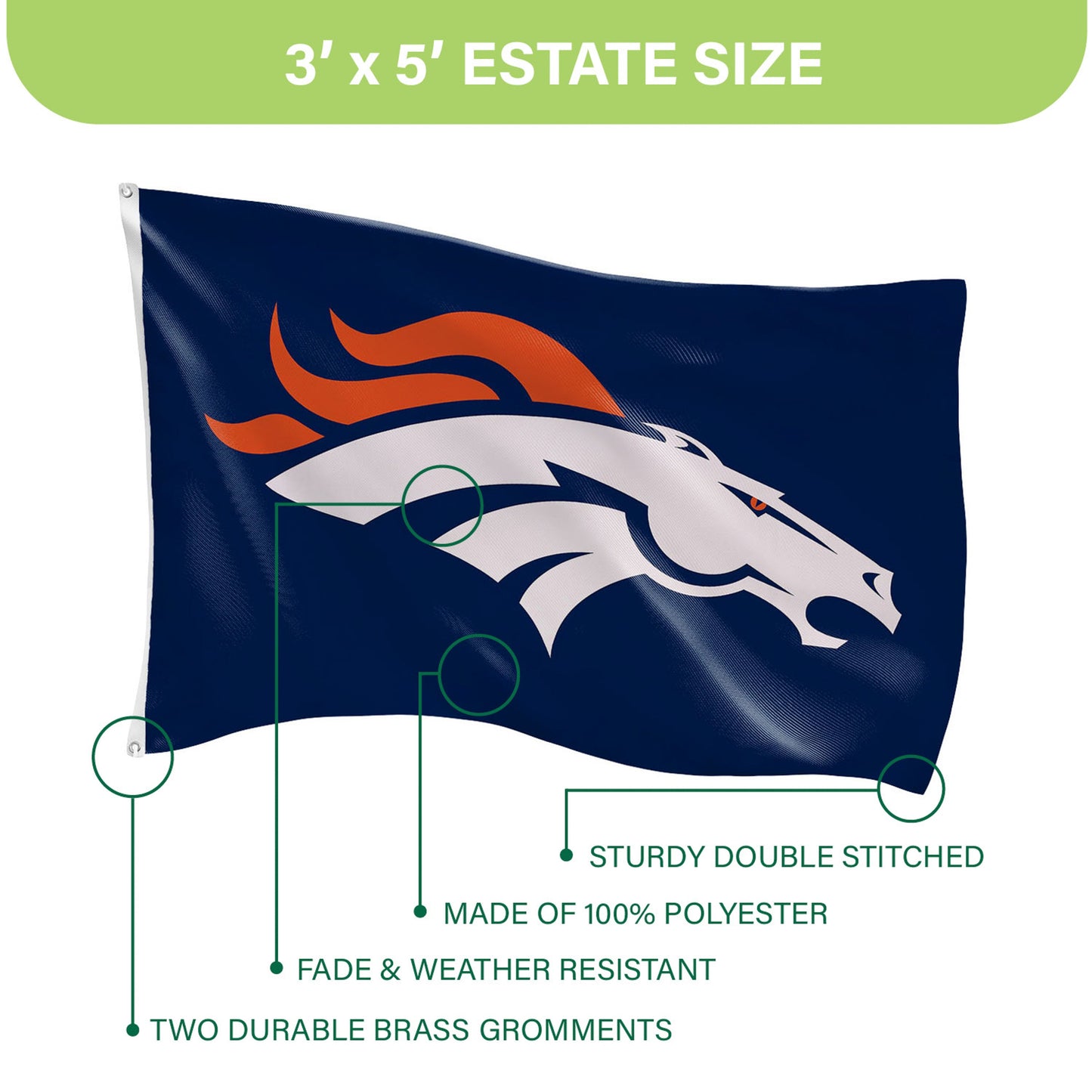 Denver Broncos Single Sided Flag with 2 Grommets, 3'x5' - Tampa Home & Garden Store