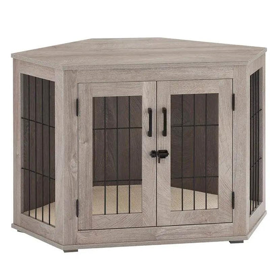 Dereham corner dog crate with cushion, light wood finish, black metal bars, The Max & Rex on Tampa Home & Garden Store