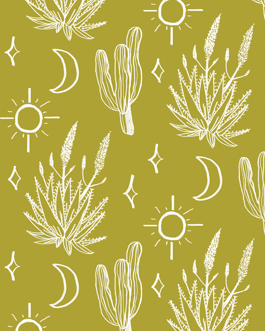 Desert Sky Wallpaper with large chartreuse pattern featuring cacti, suns and stars on Tampa Home & Garden Store