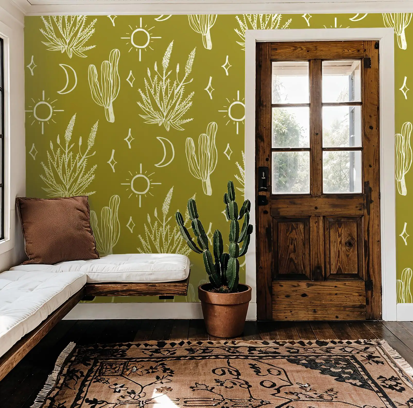Desert Sky Wallpaper large chartreuse desert motif with cacti and suns by Samantha Santana on Tampa Home & Garden Store