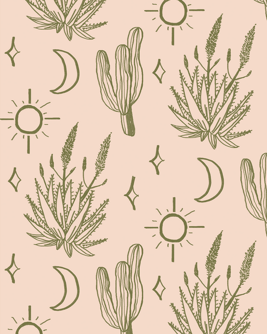 Desert Sky wallpaper in clay and green with cacti, suns and moons motif on Tampa Home & Garden Store