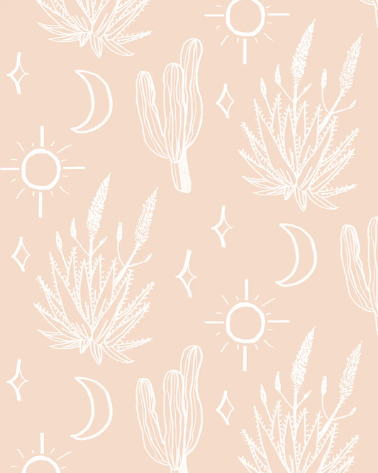 Desert Sky wallpaper large pattern in clay with white line art cacti and suns on Tampa Home & Garden Store