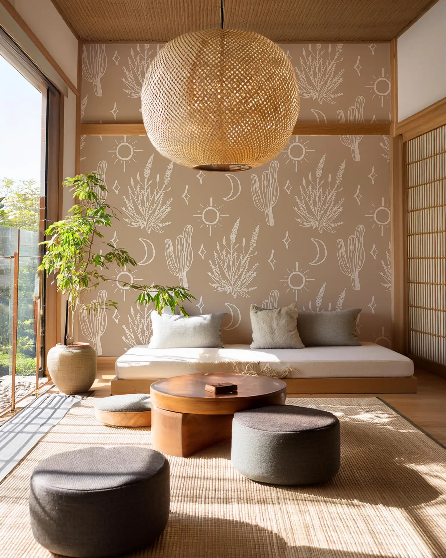 Desert Sky Wallpaper in latte and white with cactus and sun motifs on Tampa Home & Garden Store