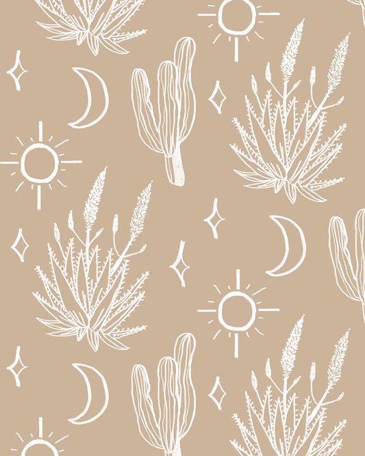 Desert Sky Wallpaper in latte and white with cacti and suns by Samantha Santana Creative on Tampa Home & Garden Store