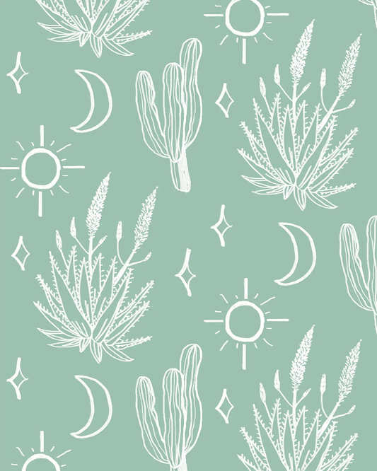 Desert Sky Mint and White Wallpaper by Samantha Santana Creative mint and white cactus sun motif on Tampa Home & Garden Store