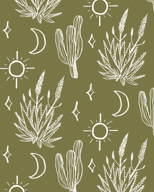 Desert Sky Wallpaper, large pattern, moss green and white - Tampa Home & Garden Store
