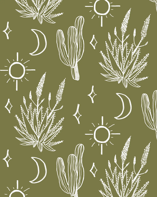 Desert Sky Wallpaper moss green and white featuring cacti and sun motifs on Tampa Home & Garden Store
