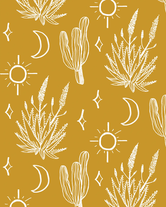 Desert Sky Wallpaper mustard and white cacti sun moon pattern by Samantha Santana Creative on Tampa Home & Garden Store