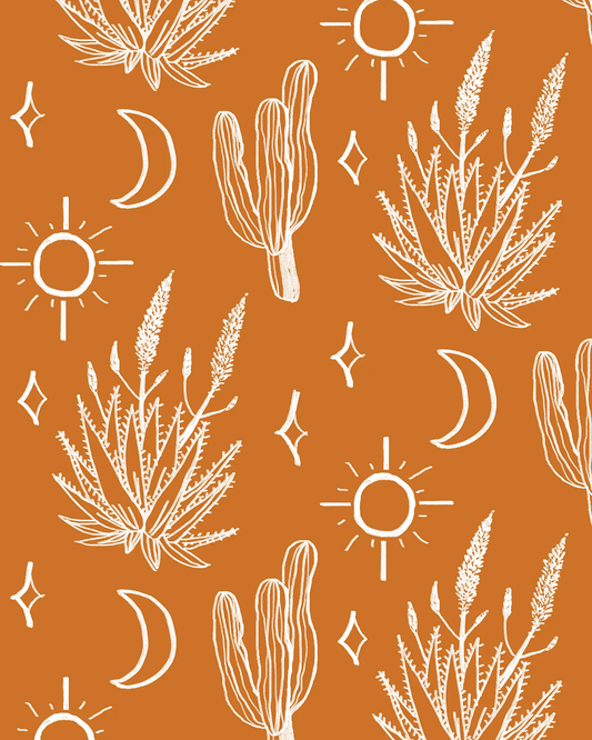Wallpaper Desert Sky by Samantha Santana Creative, orange with white cactus and sun motifs on Tampa Home & Garden Store