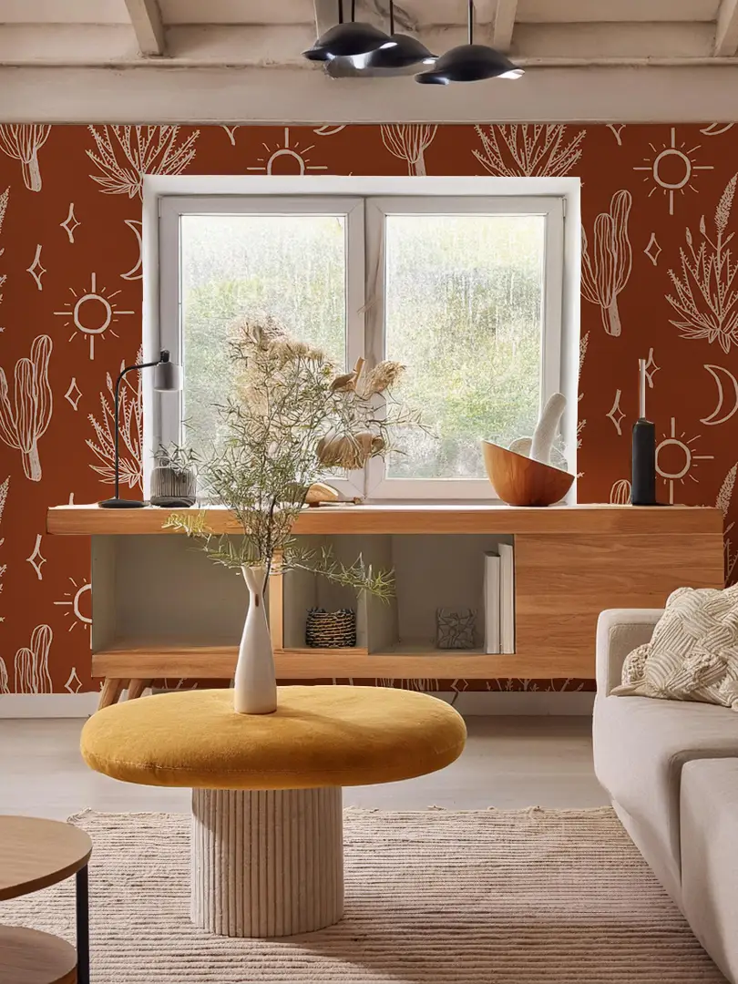 Desert Sky Wallpaper in Rust and White featuring white cactus and sun motifs on Tampa Home & Garden Store