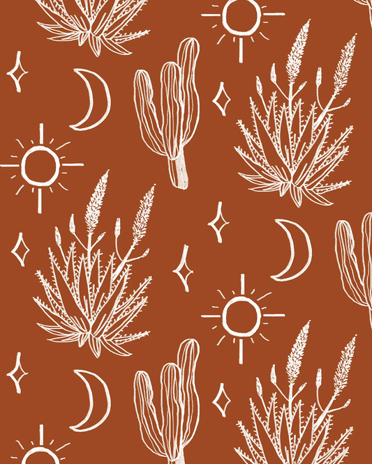 Desert Sky Wallpaper in rust and white with cactus and sun motifs by Samantha Santana Creative on Tampa Home & Garden Store