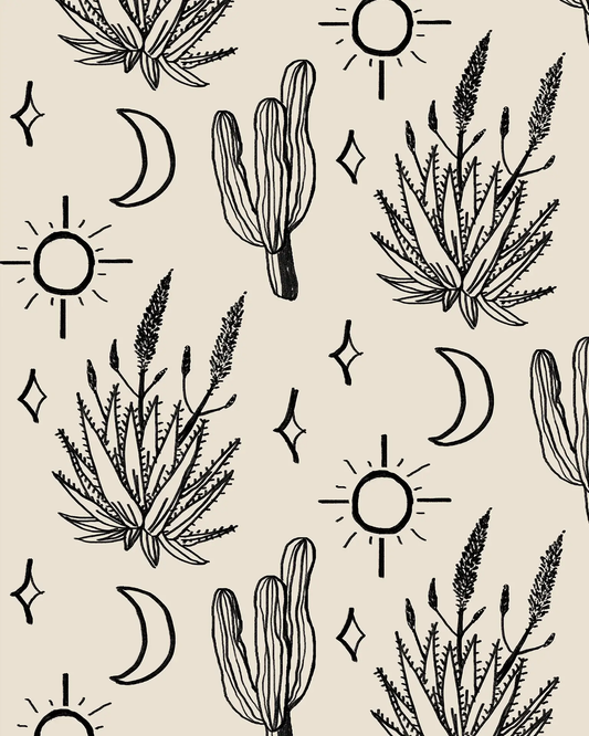 Desert Sky wallpaper in sand and black with cacti and suns by Samantha Santana Creative on Tampa Home & Garden Store
