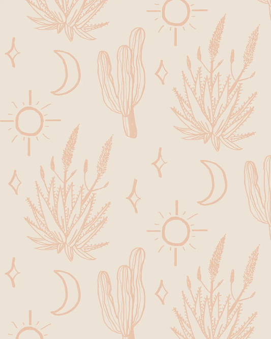 Desert Sky Wallpaper by Samantha Santana Creative, peach line-art on beige with cactus motifs on Tampa Home & Garden Store