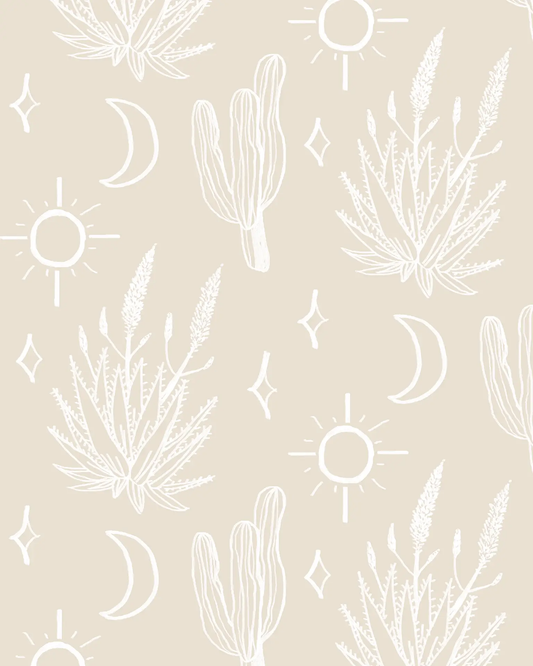 Desert Sky Wallpaper in Sand and White featuring cactus motif by Samantha Santana Creative on Tampa Home & Garden Store