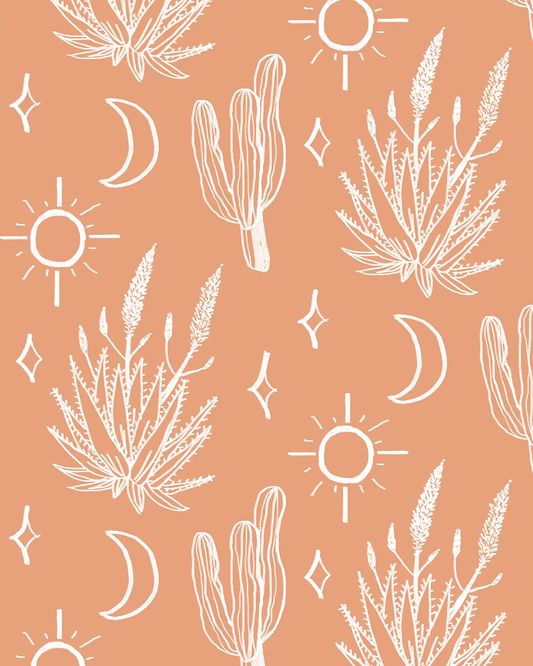 Desert Sky Wallpaper Terra Cotta and White with cacti, suns, moons Samantha Santana Creative on Tampa Home & Garden Store