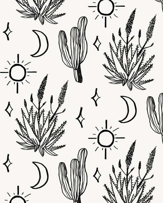Desert Sky Wallpaper black line art on white with cacti and sun and moon motifs on Tampa Home & Garden Store