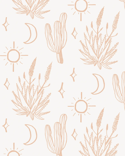 Desert Sky Wallpaper White and Clay with peach cacti and suns pattern on light background on Tampa Home & Garden Store